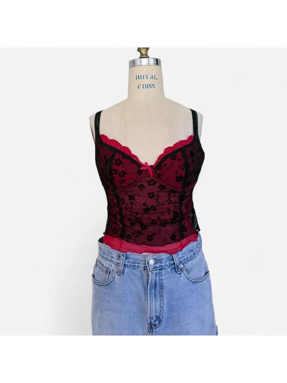 Vintage Y2K Red Black Floral Lace Bustier Corset Top in Burgundy